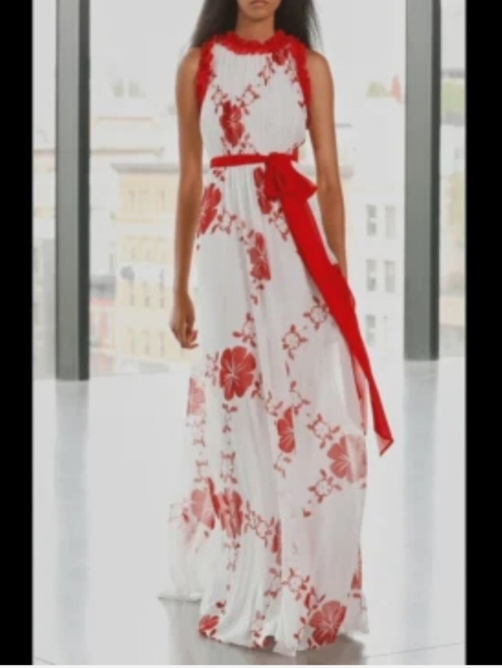 Red Floral Ruffle Maxi Dress - Sleeveless Belted Design